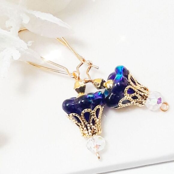 Artisan Earrings 043L# Flower basket Victorian gold filigree Cobalt Glass - Picture 1 of 5